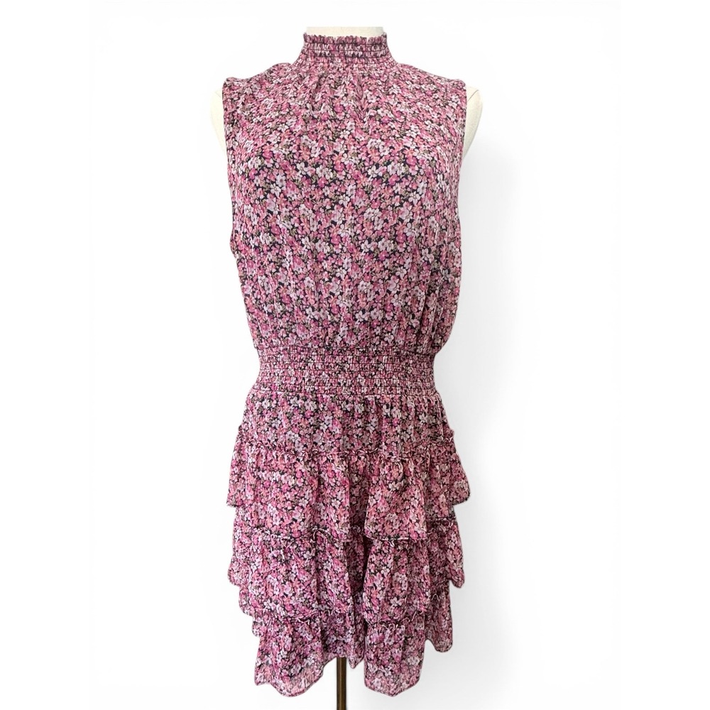1.STATE Womens Large Pink Floral Smocked Mock Neck Tiered Ruffle Mini‎ Dress